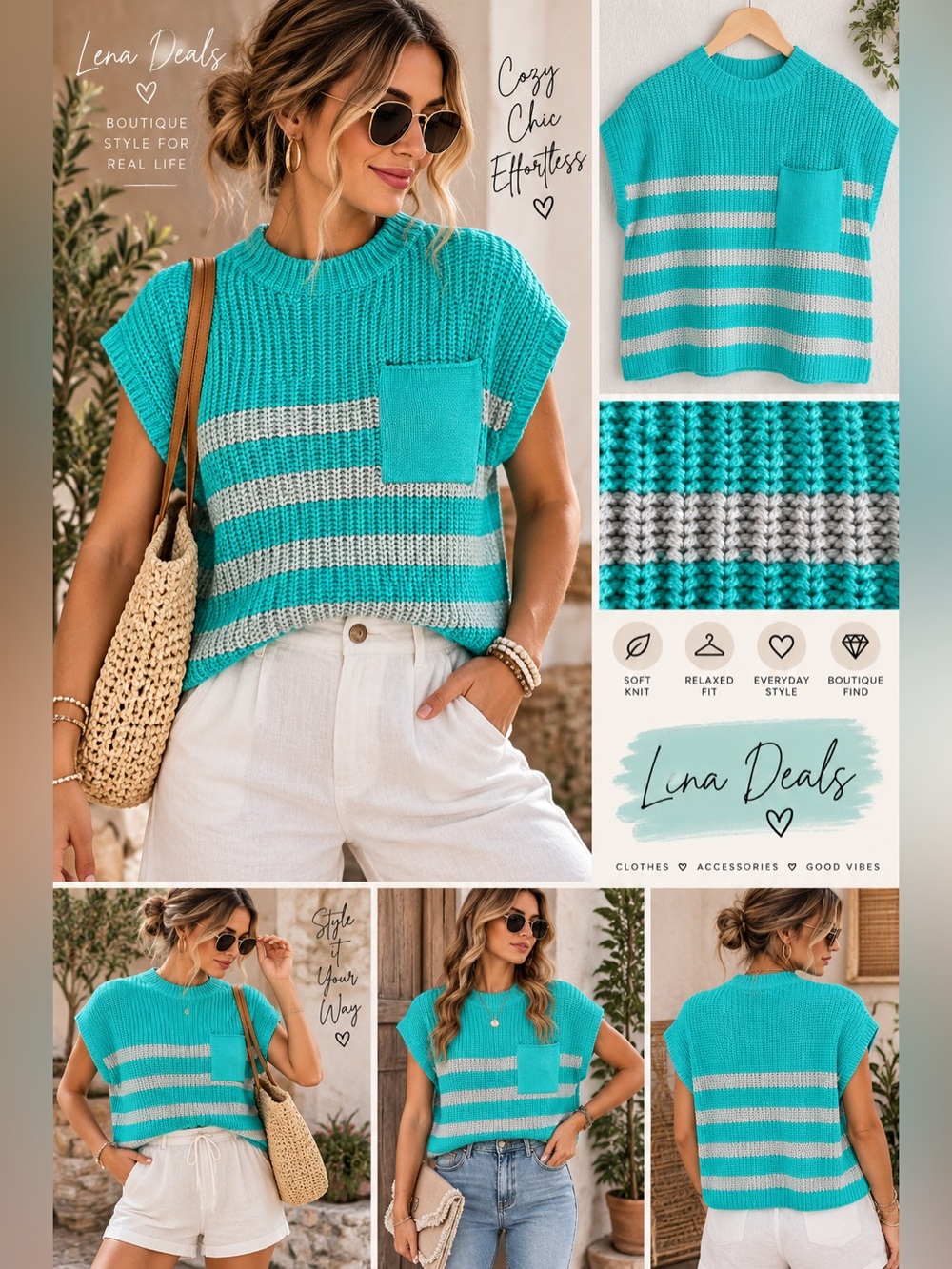 Zenana Short Sleeve Stripe Knit Sweater Women’s Avalaible Sz S / M Mint Green